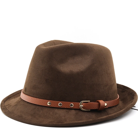 Cappello Fedora In Feltro Scamosciato Vintage Stile Britannico Tesa Larga Con Cintura In Pelle Borchiata