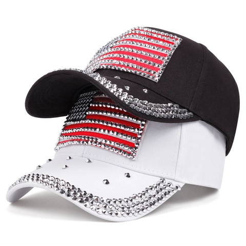 Gorra De Béisbol Con Adornos De Diamantes De Imitación Patrón Bandera USA Sombrero Sol Algodón Ajustable Casual