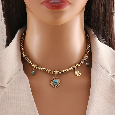 Collana Pendente Turchese Acciaio Inossidabile Placcato Oro Fiore Quadrifoglio Sole Albero Della Vita Gioielli Retro Donna