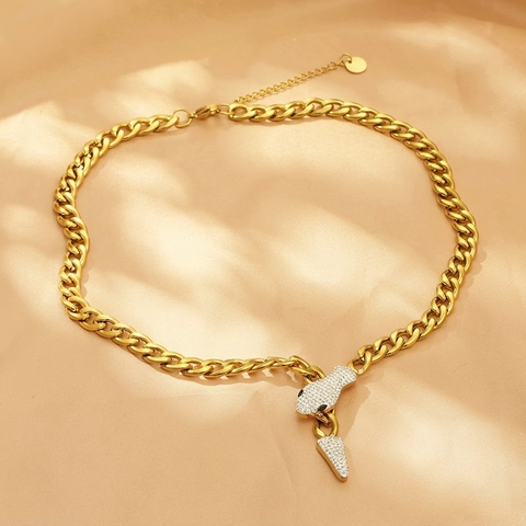Collier Chaîne Cubaine Tête De Serpent En Acier Inoxydable Avec Strass Bijoux Hip Hop Pour Femmes Hommes