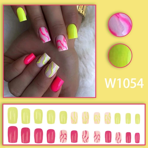 Glossy Wave Pattern Press On Nails Fluorescent Green Rose Pink Contrast Color Square Shape False Nails For Women