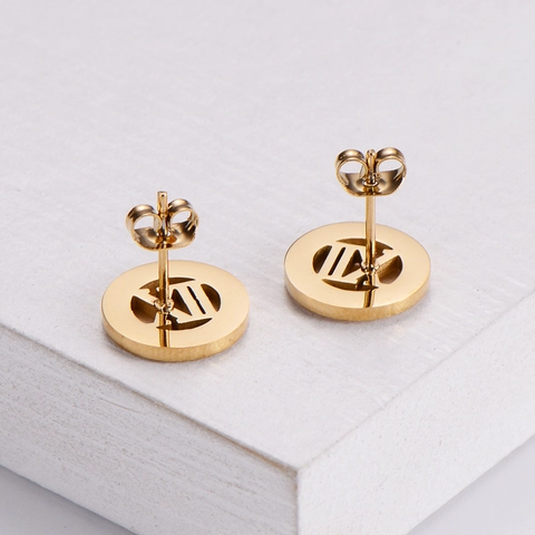 Roman Numerals Stud Earrings 316L Stainless Steel 18K Gold Plated Rhinestone Hollow Round Elegant Jewelry For Women