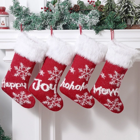 Chaussette De Noël Sac Cadeau En Tricot Acrylique Avec Garniture En Fausse Fourrure Broderie Flocon De Neige Pour Cheminée
