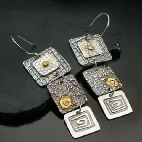 Tribal Geometric Square Drop Earrings Alloy Engraved Texture Bohemian Gypsy Jewelry For Women Earring Post