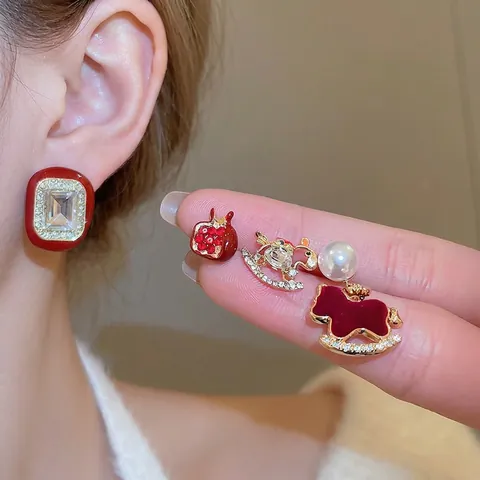 Retro Rote Emaille Ohrstecker Legierung Strass Schaukelpferd Granatapfel Design Mit 925 Sterling Silber Ohrstecker