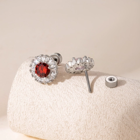 Round Cubic Zirconia Stud Earrings With Titanium Steel Earring Post Screw Back Halo Sunflower Shape Elegant For Women