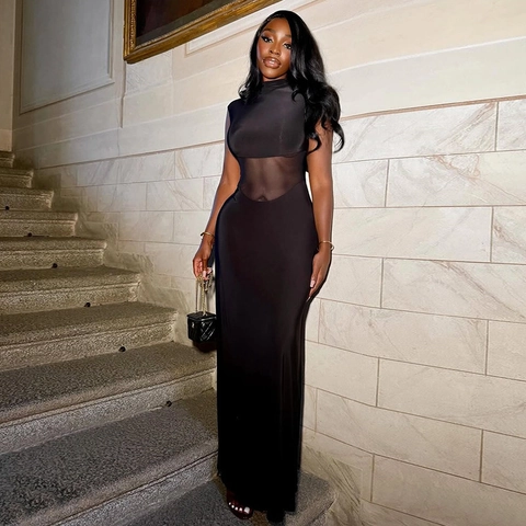 Women Sleeveless High Neck Mesh Patchwork Maxi Dress Polyester Spandex Slim Fit Bodycon Sexy Elegant Party Long Gown