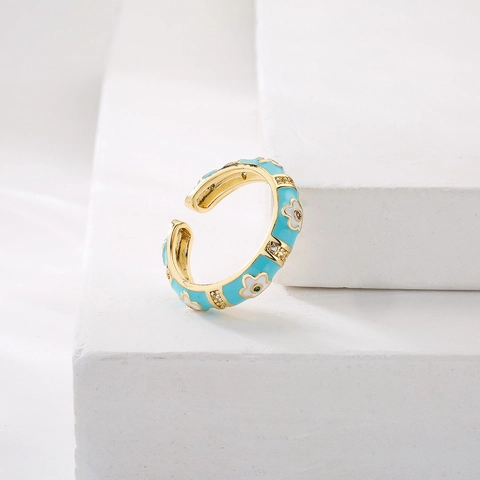 Bague Ouverte Fleur Émail Cuivre Plaqué Or 18K Zircon Coloré Incrusté Style INS Bohémien Ajustable Femmes