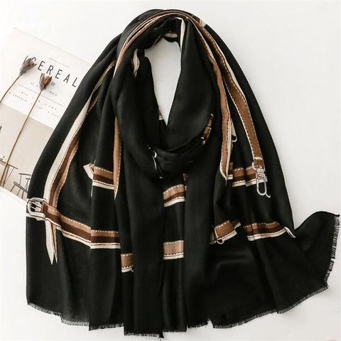 Women Elegant Scarf Shawl Cotton Polyester Blend Retro Belt Strap Chain Print Tassels Large Soft Warm Wrap
