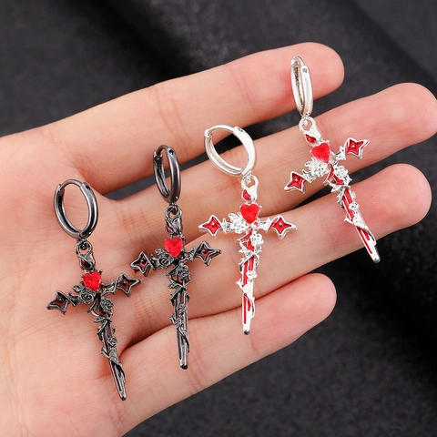 Gothic Punk Alloy Earrings And Necklace With Red Heart Cross Rose Thorn Chef Knife Spiked Ball Retro Dark Style Jewelry