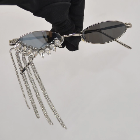 Ovalen Zonnebril Voor Dames Met Lange Strass Franjes Metalen Frame Trendy Party Bril Glinsterende Ins Stijl