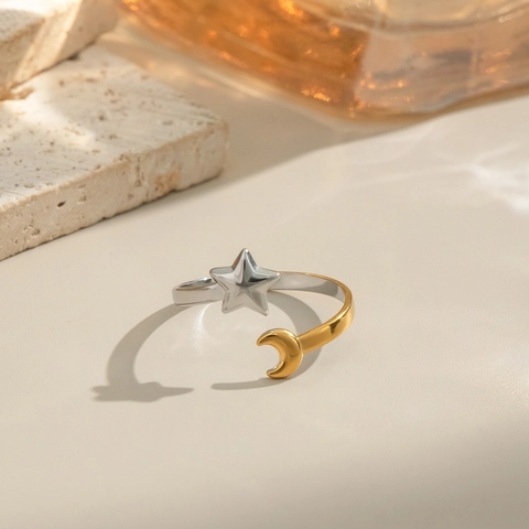 Stern Mond Offener Ring Edelstahl Verstellbar Zweifarbig Gold Silber Elegant Wasserdicht Schmuck Für Damen