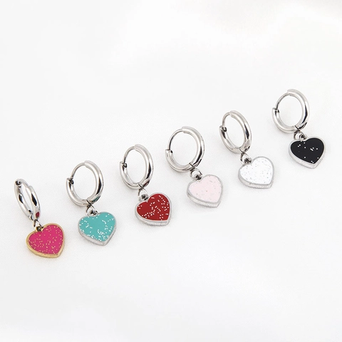 Orecchini A Cerchio Con Ciondolo A Cuore In Acciaio Inossidabile Smalto Glitter Gioielli Di Moda Per Donna