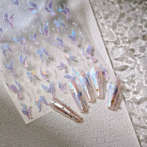 3D Relief Nail Stickers Iridescent Laser Butterfly Mermaid Tail Bow Pattern DIY Manicure Art Decals Self Adhesive