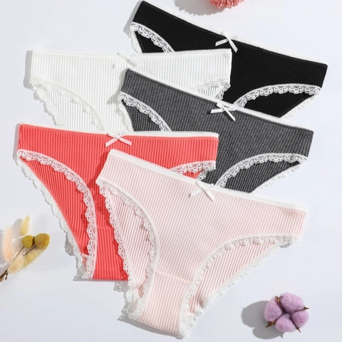 Slip Donna In Cotone A Costine Mutande Bordo In Pizzo Vita Bassa Traspirante Morbido Comodo Fiocco Intimo
