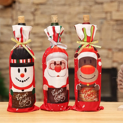 Christmas Wine Bottle Covers Fabric Santa Snowman Reindeer Printed Ribbon Drawstring Festive Table Decor Cartoon Red