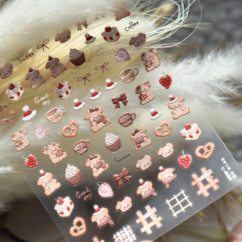 Cute Cartoon Bear Coffee 3D Relief Nail Stickers Embossed Strawberry Cake Manicure Decorations DIY Decals For Kids Women