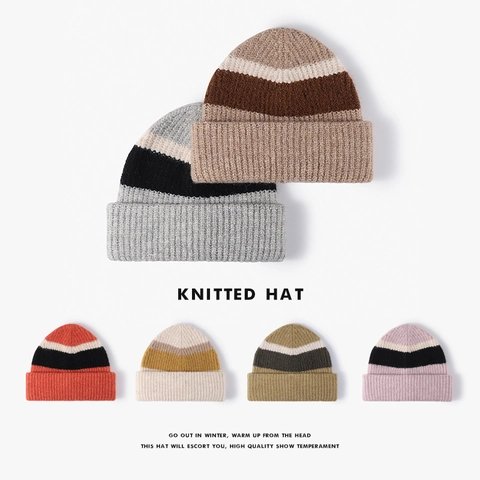 Women Winter Warm Wool Knitted Beanie Hat Stylish Striped Ribbed Cuff Beanie For Outdoor Protection Cold Weather Fashion Accessories