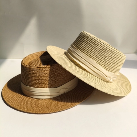 Paglietta Francese da Donna Cappello di Paglia a Testa Piatta Sole Paglia di Carta Intrecciata a Mano con Nastro per Spiaggia Vacanza Estate