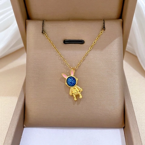 Astronaut Konijn Hanger Ketting Roestvrijstalen Ketting En Koper Met Blauwe Glitter Schattige Mode-Sieraden