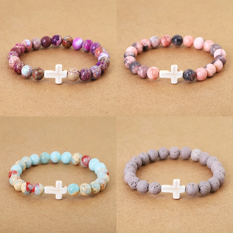 Bracciale di Perline in Pietra Lavica Naturale Con Ciondolo a Croce in Conchiglia Fatto a Mano Religioso Energia Gioielli Donna Uomo