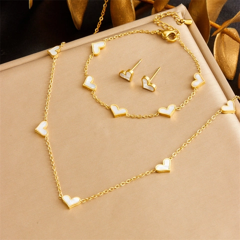 Hartvorm Roestvrij Staal Ketting Armband Oorknopjes Verguld Witte Schelp Inleg Elegante Mode Sieraden Voor Vrouwen