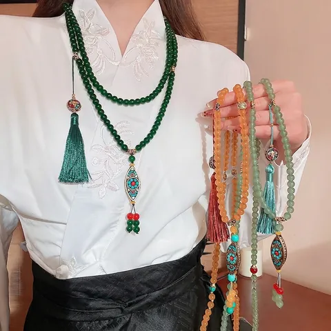 Ethnic Retro Glass Beaded Long Necklace Waist Chain Alloy Enamel Pendant Tassel Traditional Jewelry Women