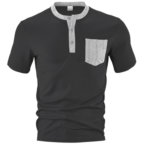 Camicia Henley Da Uomo Manica Corta Maglia A Nido D'ape Traspirante Casual Estate Tee Con Tasca Applicata Moda