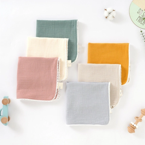 Baby Muslin Squares Washcloths 100% Muslin Cotton Pom-Pom Trim Soft Absorbent Saliva Towel For Newborn Feeding Bathing
