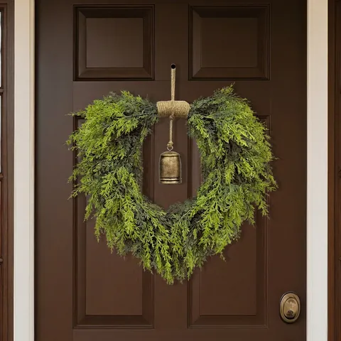 Heart Shaped Artificial Cedar Wreath With Vintage Metal Bell And Hemp Rope Christmas Front Door Hanging Wall Home Decor