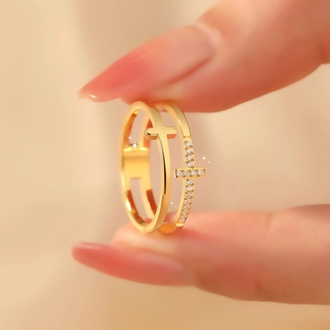 Minimalistischer Titanstahl Doppelschicht Kreuz Ring Für Damen Mit Strass Eingelegt Mode Leicht Finger Schmuck Zubehör