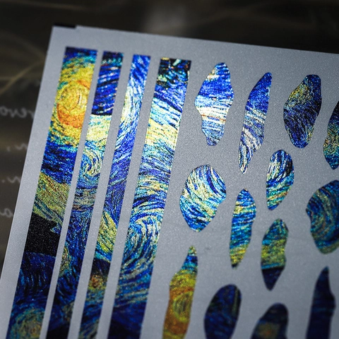Nail Art Stickers Van Gogh Starry Night Style Electroplated Gold Texture Adhesive Artistic Decals For DIY Decoration