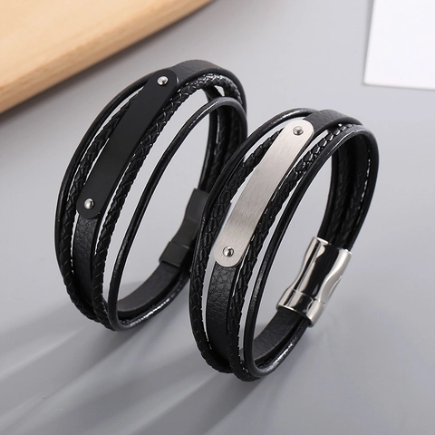 Pulsera De Cuero Trenzado Multicapa Hombre Acero Inoxidable Placa De Metal Cierre Magnético Estilo Punk