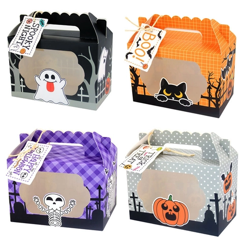 Halloween Candy Gift Boxes Cardboard Portable Handle Window Pumpkin Ghost Skull Black Cat Party Favors