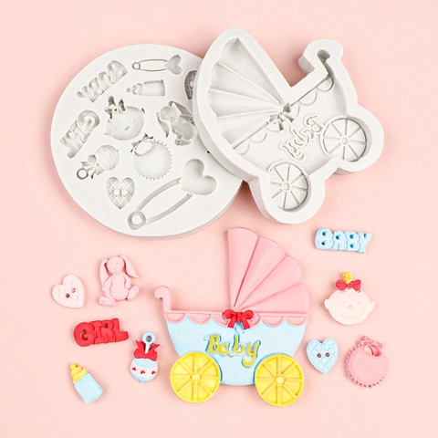 Baby Shower Siliconen Vorm Kinderwagen Fles Voeten Vormen Fondant Taart Chocolade Klei Bakken DIY Gereedschap