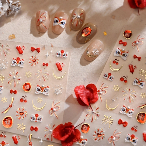 Adesivi Unghie 5D Rilievo Capodanno Cinese Danza Del Leone Fuochi d'artificio Rosso Oro Design Festivo Manicure DIY