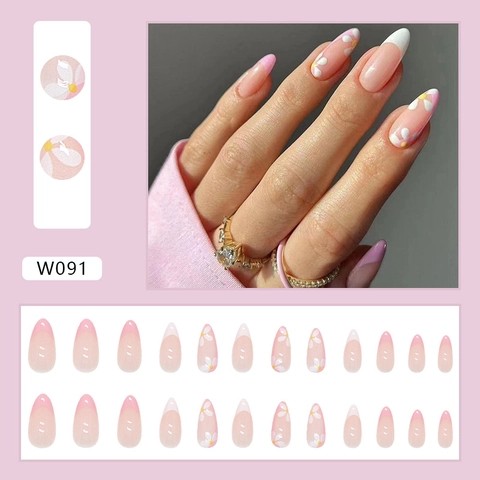 Press-On-Nägel Französischer Stil Mandelform Glänzend Rosa Weiß Gänseblümchen-Blumenmuster ABS-Material Abnehmbar Für Frauen