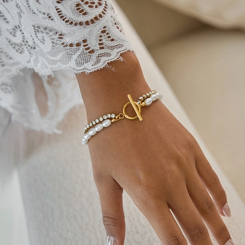Double Layer Stainless Steel Bracelet With Imitation Artificial Pearl And Cubic Zirconia Elegant Gold Plated Toggle Clasp For Women