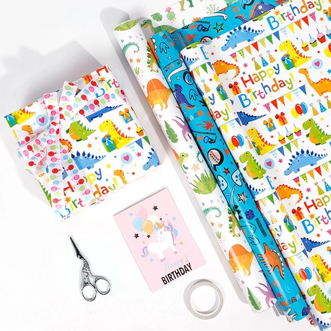 Gift Wrapping Paper Cartoon Dinosaur Unicorn Copperplate Paper For Birthday Party Holiday Celebration Colorful Cute