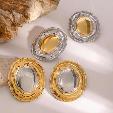 Mode Tweekleurig Goud Zilver Roestvrij Stalen Oorbellen Vrouwen Onregelmatige Geometrische Gehamerde Textuur Oorknopjes
