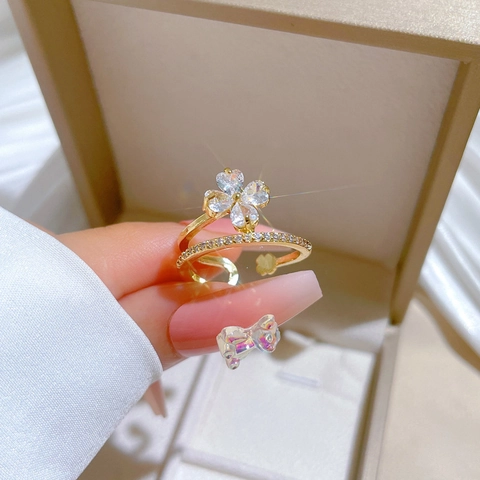 Brass Gold Plated Adjustable Ring Cubic Zirconia Sparkling Four Leaf Clover Flower Open Finger Jewelry For Women
