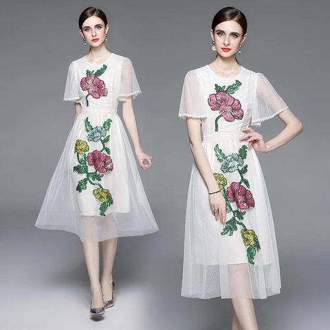 Damen Elegantes Mesh Midi Kleid Mit Pailletten Blumenstickerei Court Style Kurzarm Rundhals Hohe Taille A-Linie Aprikose