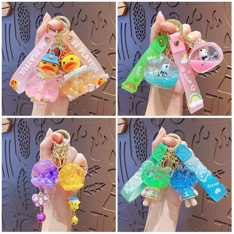 Cartoon Vloeibare Zand Sleutelhanger Acryl Olie Hanger Tas Decoratie Stromende Glitter PVC Band Accessoire Schattig Cadeau