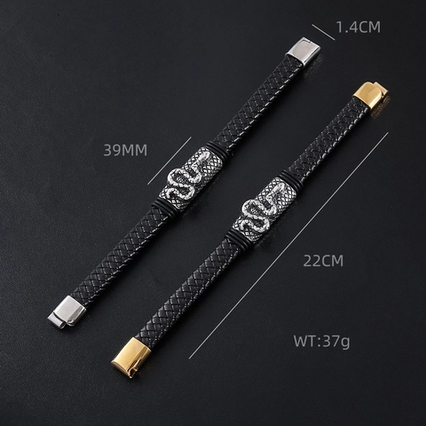 Pulsera De Cuero Trenzado Para Hombre Con Patrón De Serpiente De Acero Inoxidable 304 Cierre Magnético Joyería Hip Hop Punk
