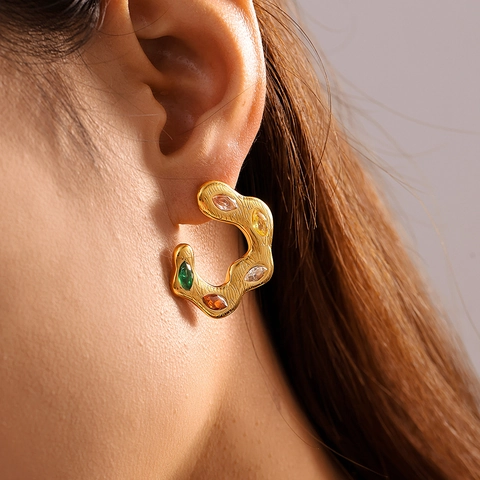 C Shape Stud Earrings Stainless Steel Colorful Zircon Irregular Wavy Luxury Retro Gold Plated Fashion Jewelry