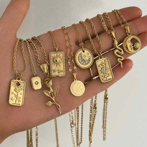 Collana Con Ciondolo Carta Tarocchi Placcata Oro 18K Acciaio Inossidabile Sole Luna Stella Gioielli Rilievo Vintage Donna