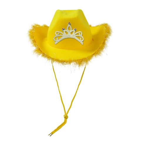 Western Cowboy Hat Polyester Felt Rhinestone Tiara Crown Feather Trim Adjustable Strap Party Costume Princess Style
