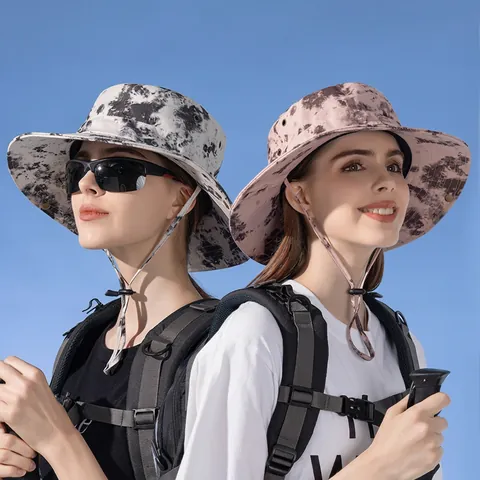 Women Wide Brim Sun Hat Summer UV Protection Tie Dye Bucket Hat With Adjustable Windproof Strap Outdoor Fishing Hiking Hat