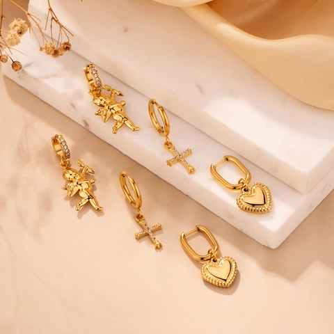 Stainless Steel Hoop Dangle Earrings Gold Plated Zircon Cross Cupid Angel Heart Shape For Women Gothic Punk Style