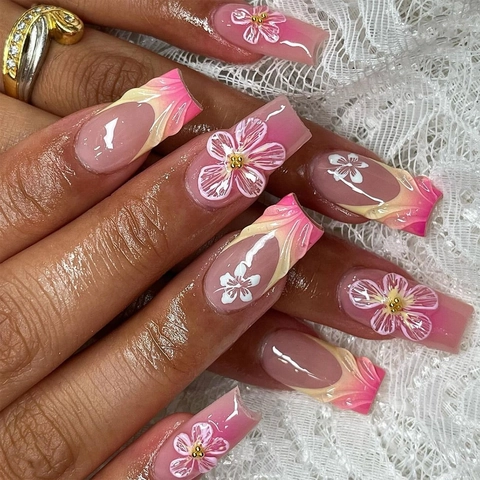 Square French Press On Nails With 3D Flower Design Gradient Pink And White Elegant False Nail Tips
